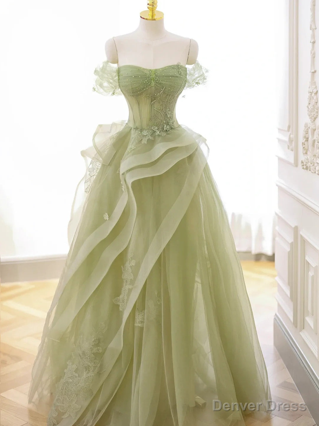 Green Tulle Off the Shoulder Beading Lace Prom Dress Main image