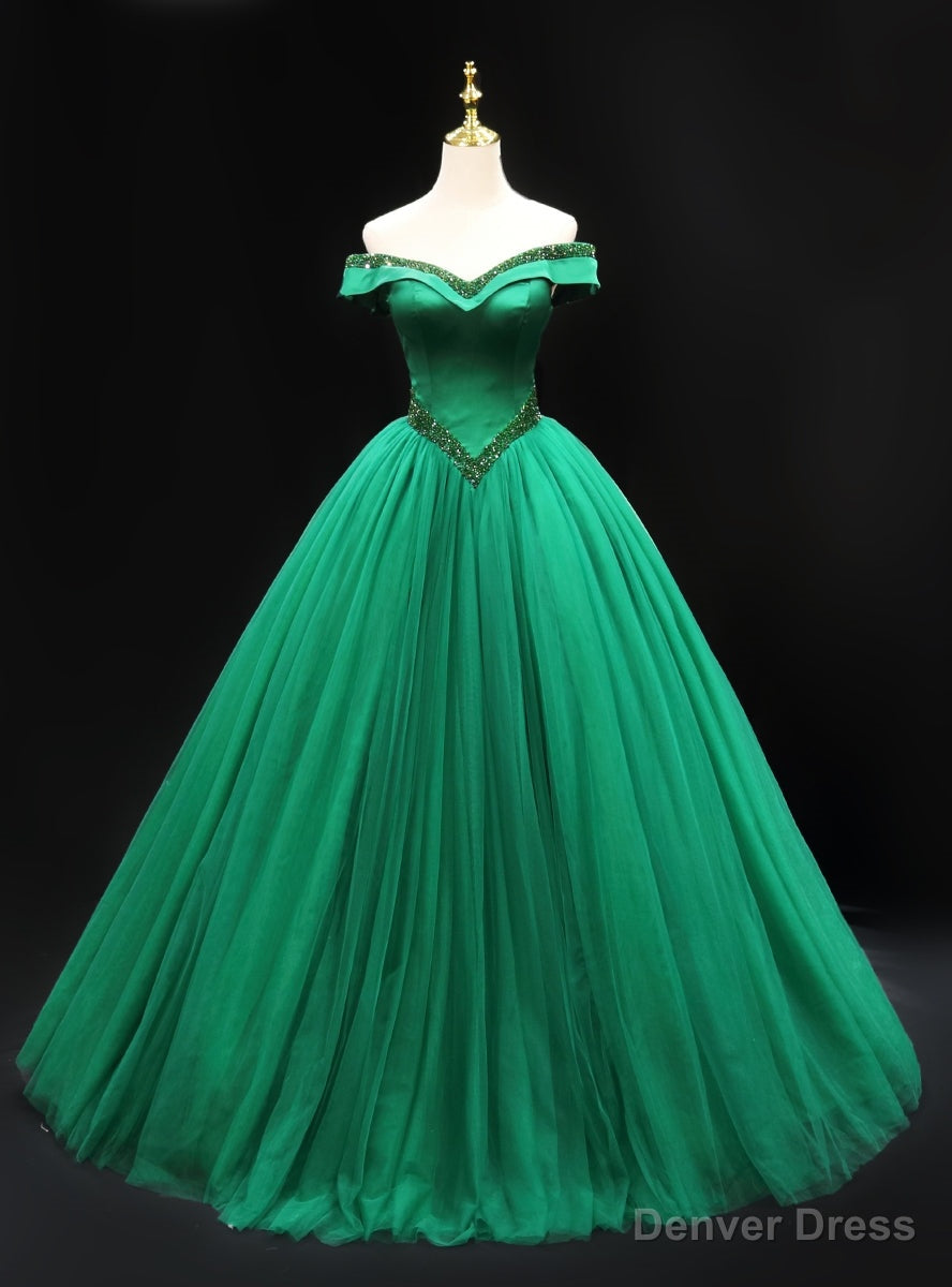 Green Tulle Off the Shoulder Beading Prom Dress Main image