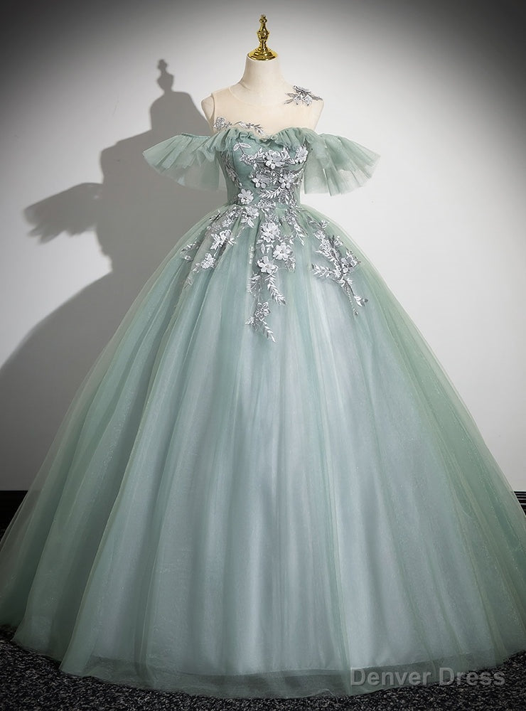 Green Tulle Off the Shoulder Gray Appliques Quinceanera Dress Main image