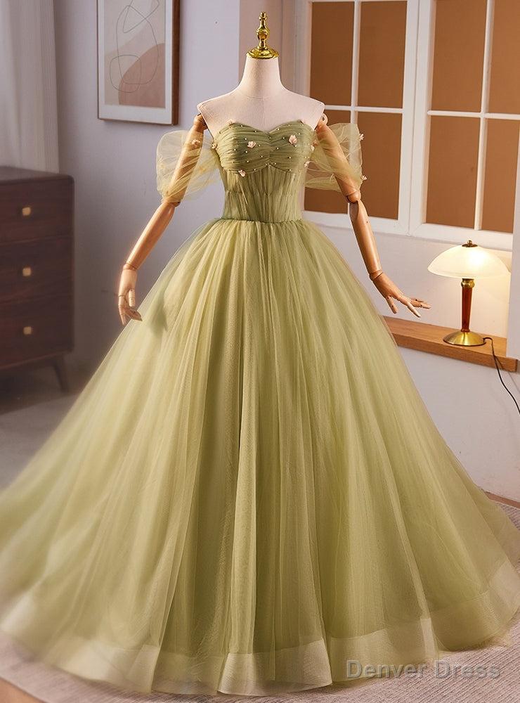 Green Tulle Off the Shoulder Pleats Flower prom Dress Main image