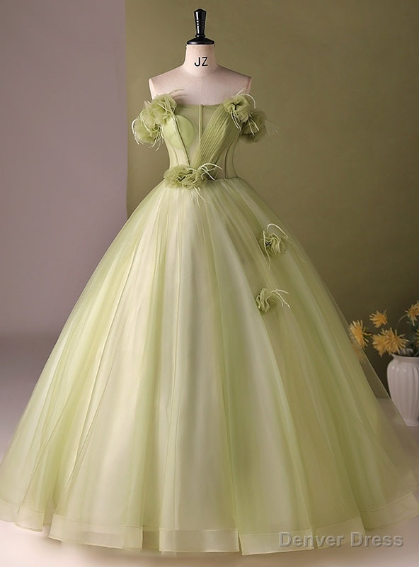 Green Tulle Off the Shoulder Pleats Flower Quinceanera Dress Main image