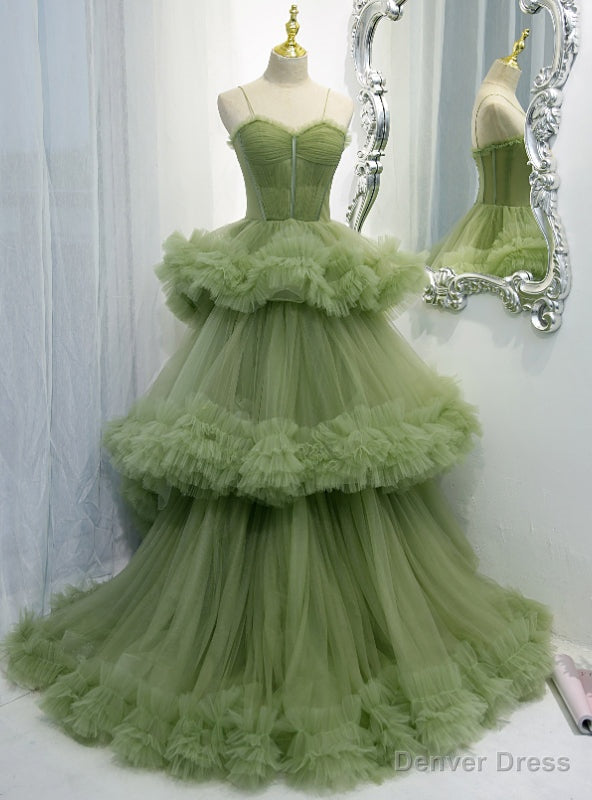 Green Tulle Pleats Spaghetti Straps Prom Dresses Main image