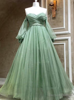 Green Tulle Puffy Sleeves A Line Prom Dresses, Green Long Prom Gowns