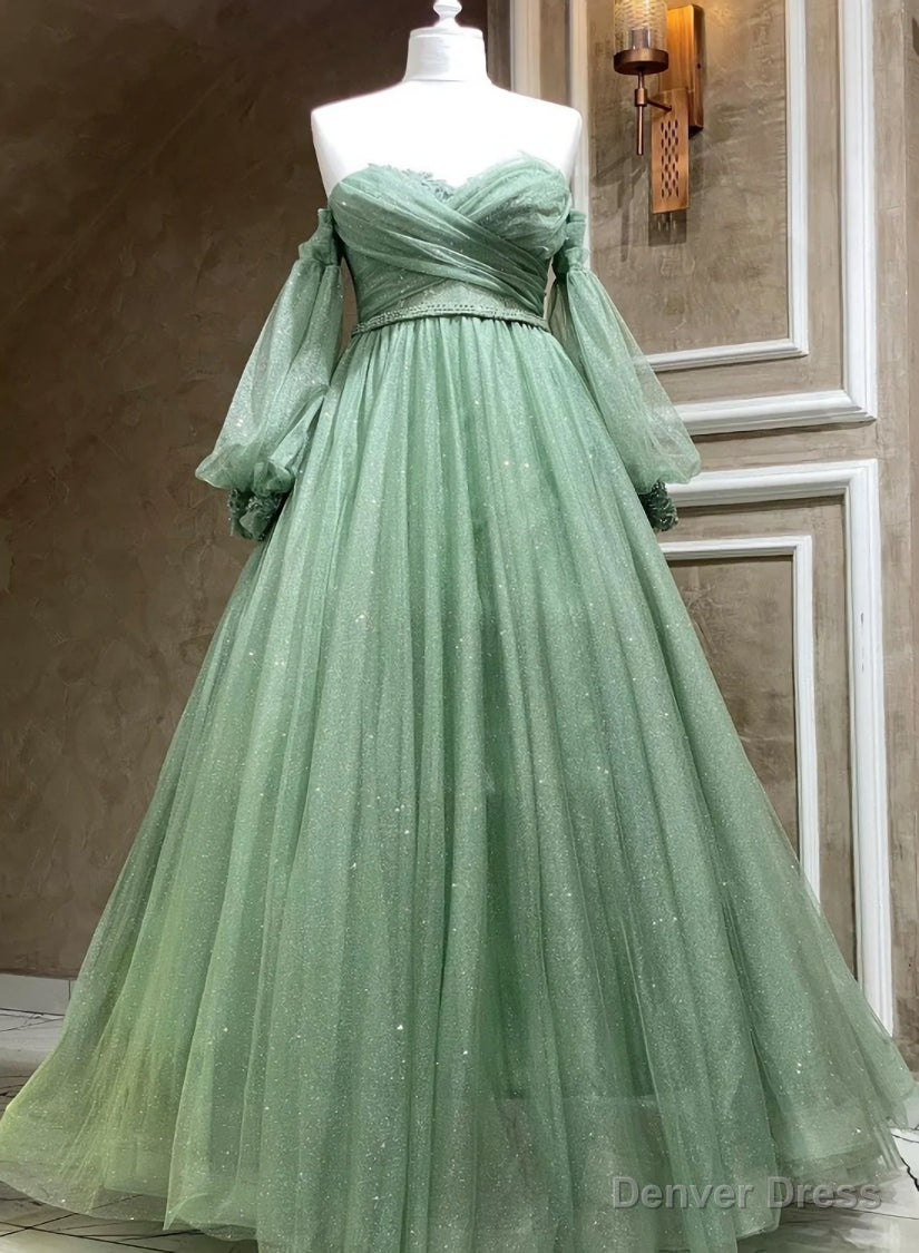 Green Tulle Puffy Sleeves A Line Prom Dresses, Green Long Prom Gowns