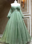 Green Tulle Puffy Sleeves A Line Prom Dresses, Green Long Prom Gowns