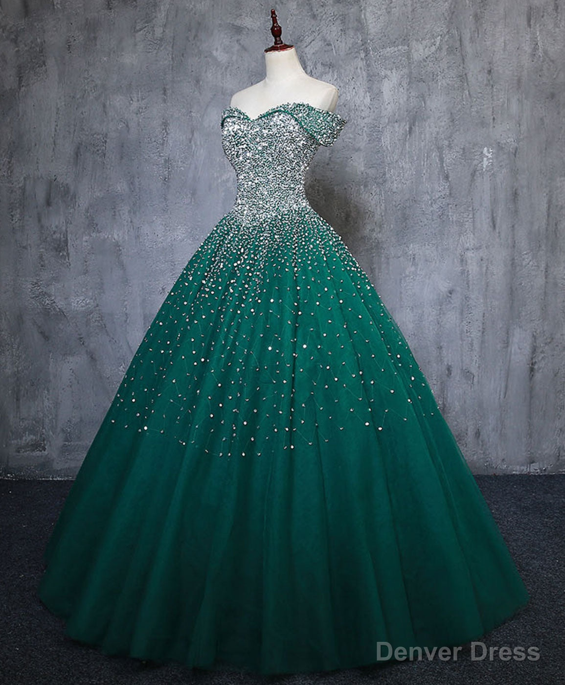 Green Tulle Sequin Long Prom Gown, Green Sequin Sweet 16 Dress