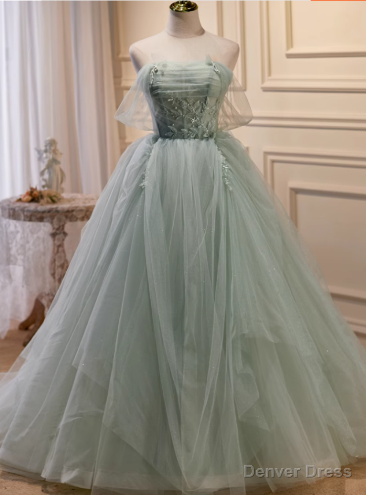 Green Tulle Sequins Appliques Beading Prom Dress Main image