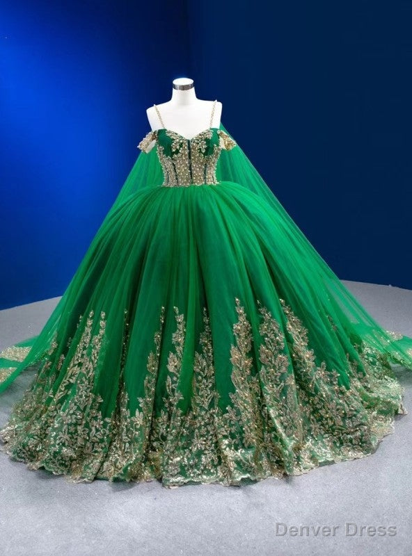 Green Tulle Sequins Appliques Spaghetti Straps Pearls Prom Dresses Main image