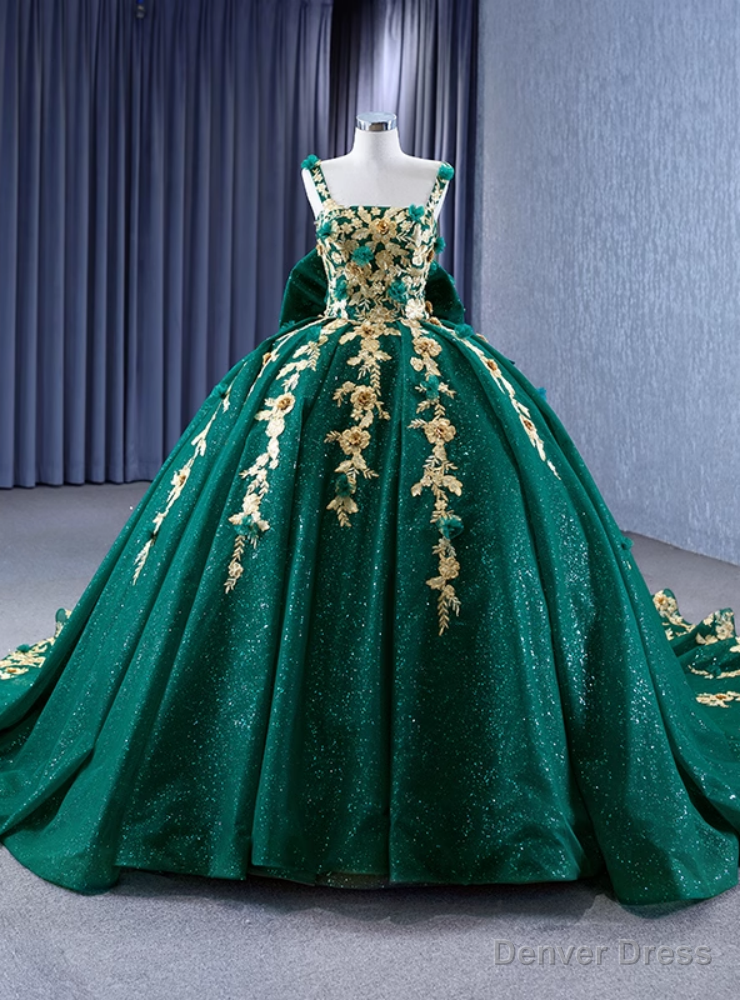 Green Tulle Sequins Gold Appliques Prom Dress Main image