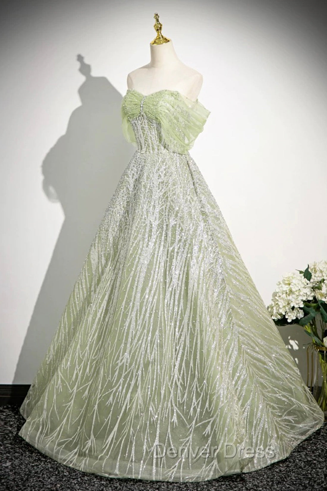 Green Tulle Sequins Long Prom Dresses, Beautiful Off The Shoulder Party Dresses Secondary image