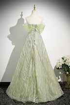 Green Tulle Sequins Long Prom Dresses, Beautiful Off The Shoulder Party Dresses