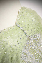Green Tulle Sequins Long Prom Dresses, Beautiful Off The Shoulder Party Dresses