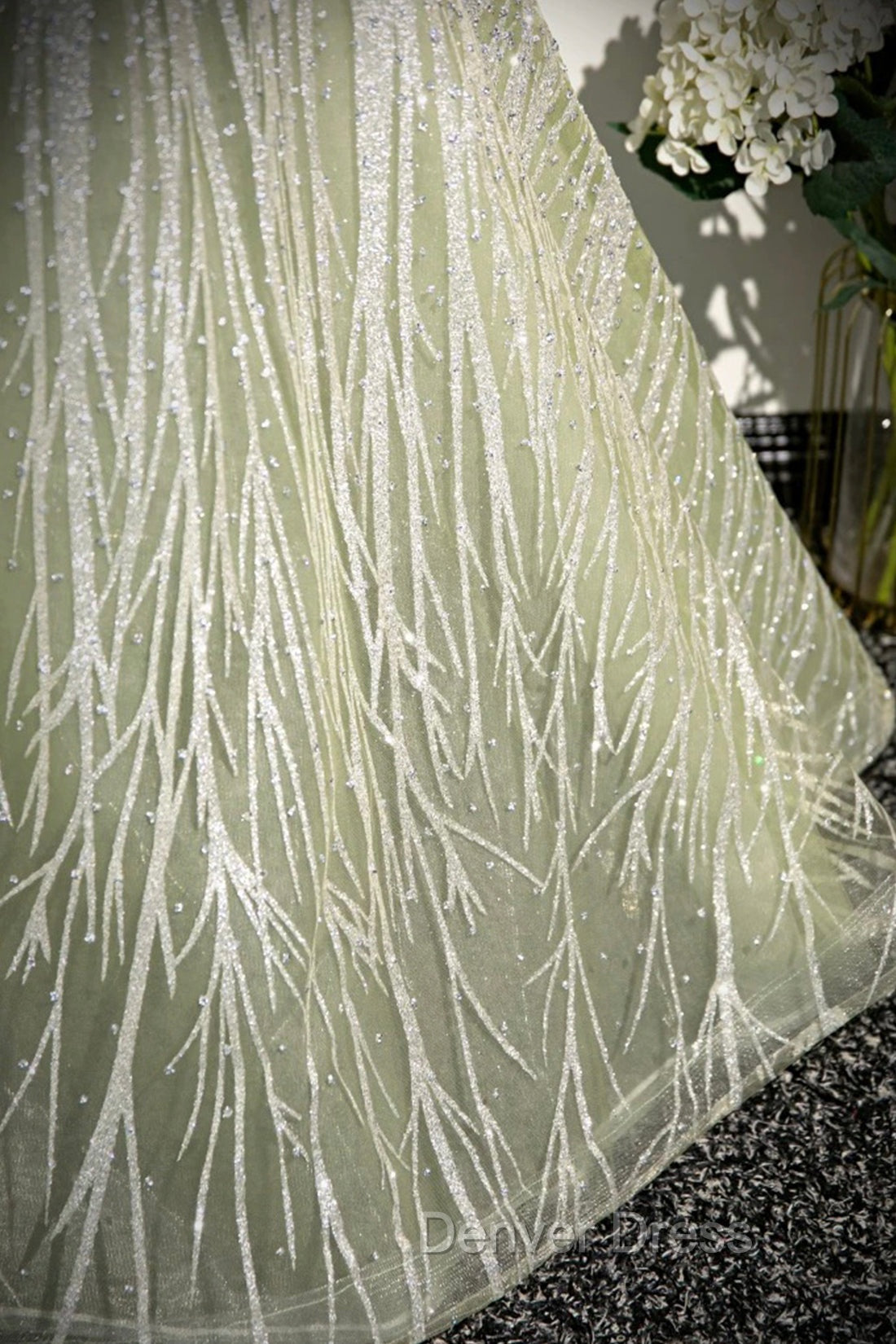 Green Tulle Sequins Long Prom Dresses, Beautiful Off The Shoulder Party Dresses