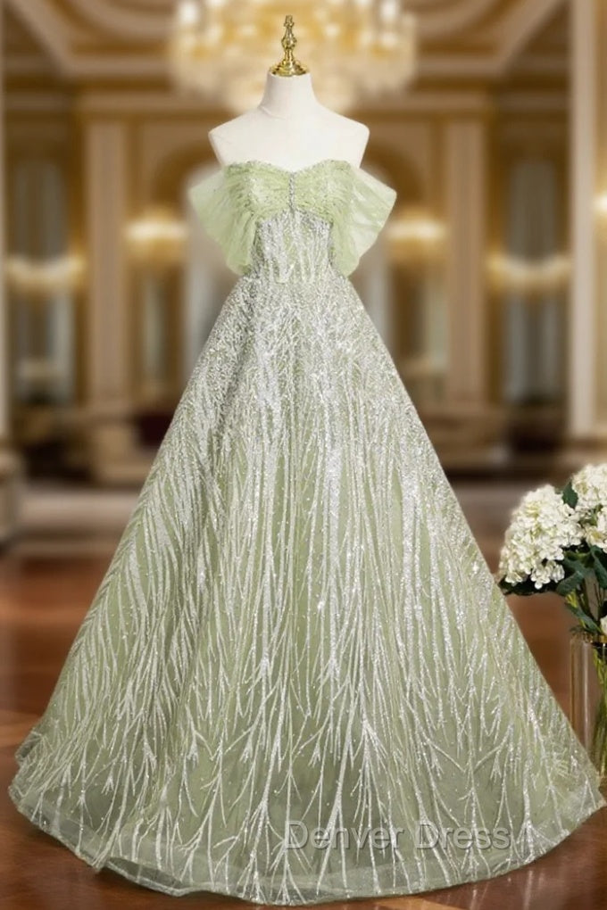 Green Tulle Sequins Long Prom Dresses, Beautiful Off The Shoulder Party Dresses Main image