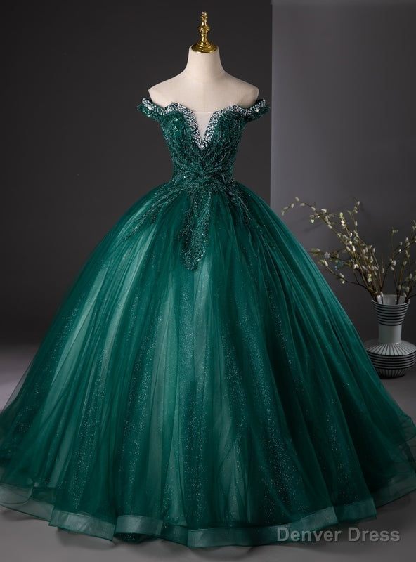 Green Tulle Sequins Off the Shoulder Beading Quinceanera Dress Main image