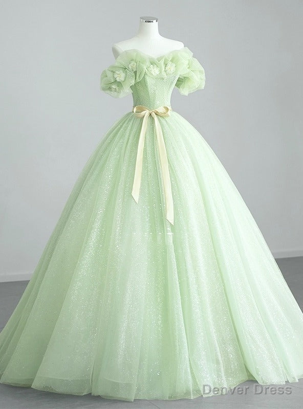 Green Tulle Sequins Off the Shoulder Flower Prom Dress Main image