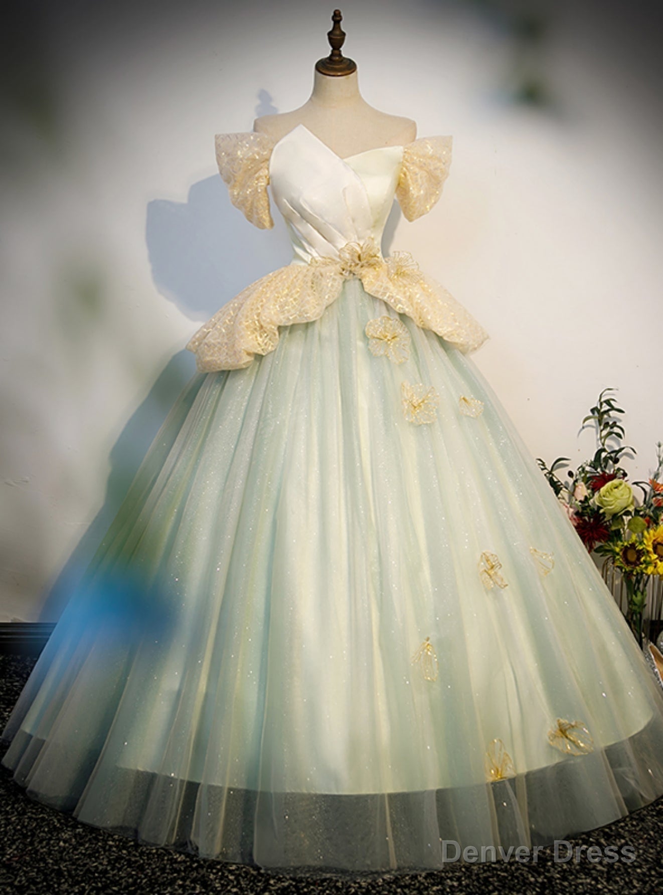 Green Tulle Sequins Off the Shoulder Pleats Quinceanera Dress Main image