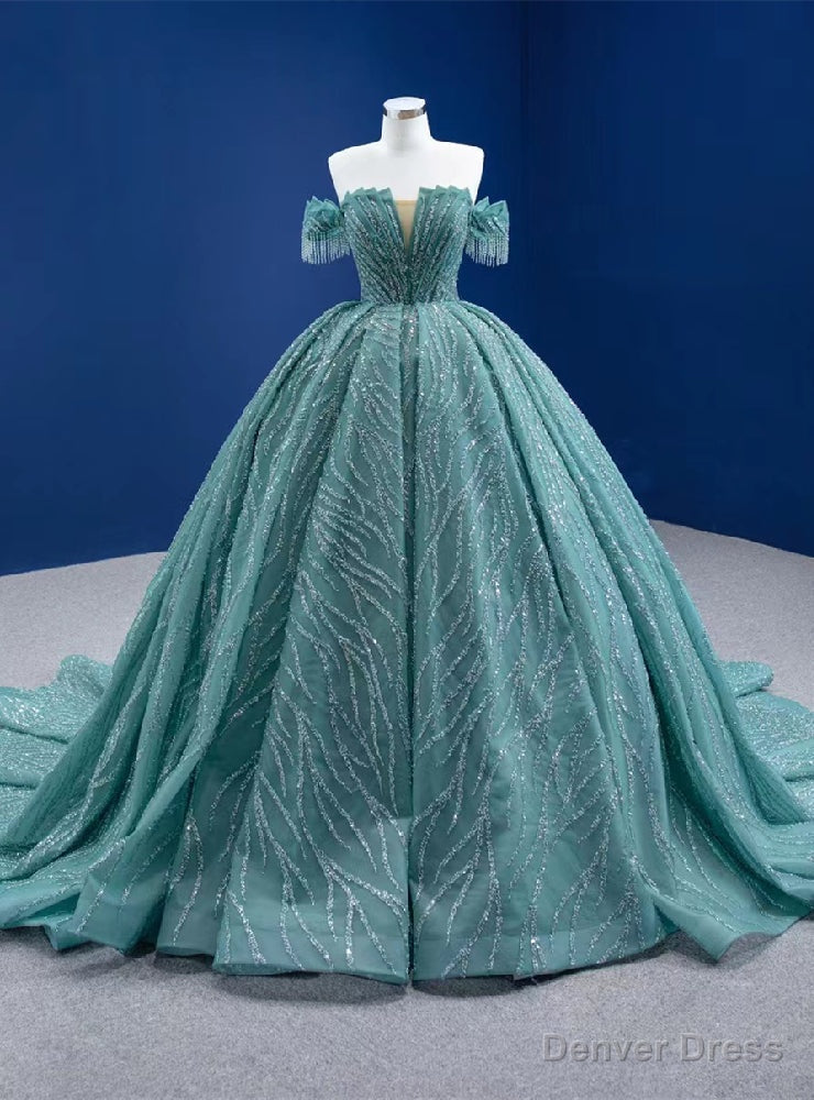 Green Tulle Sequins Off the Shoulder Prom Dress Main image