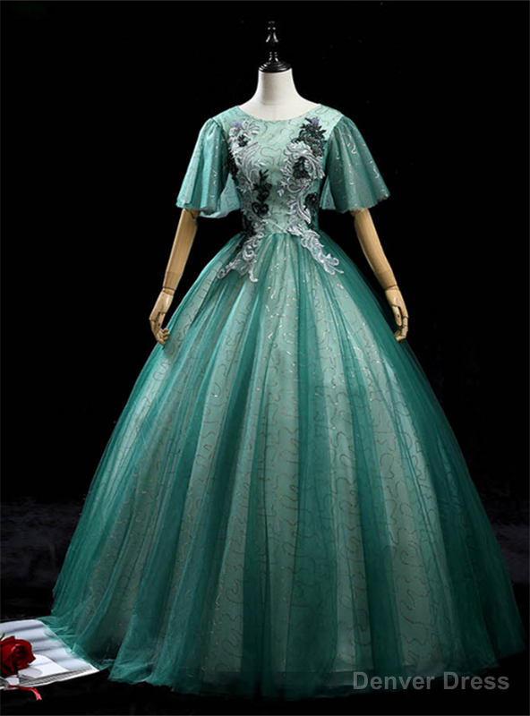 Green Tulle Sequins Short Sleeve Appliques Quinceanera Dress Main image