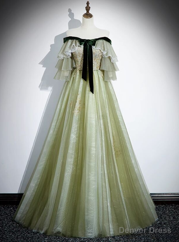 Green Tulle Sequins Velvet Bow Off the Shoulder Prom Dress Main image