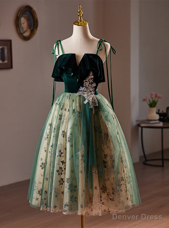 Green Tulle Sequins Velvet Straps Homecoming Dresses Main image