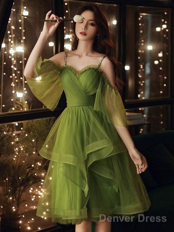 Green Tulle Short Layers Straps Short Prom Dress, Cute Short Green Homecoming Dresses Main image