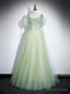Green Tulle Short Sleeve Pleats Prom Dress