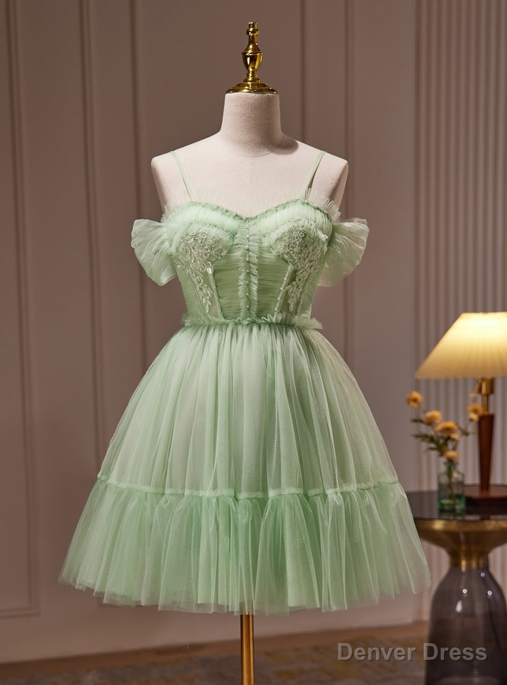 Green Tulle Spaghetti Straps Appliques Beading Homecoming Dress Main image