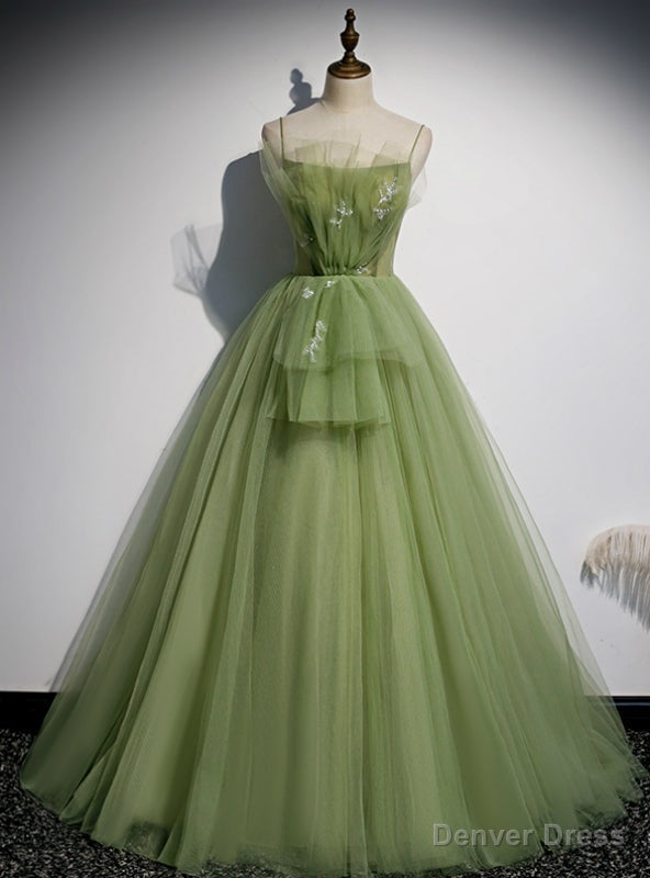 Green Tulle Spaghetti Straps Beading Prom Dresses