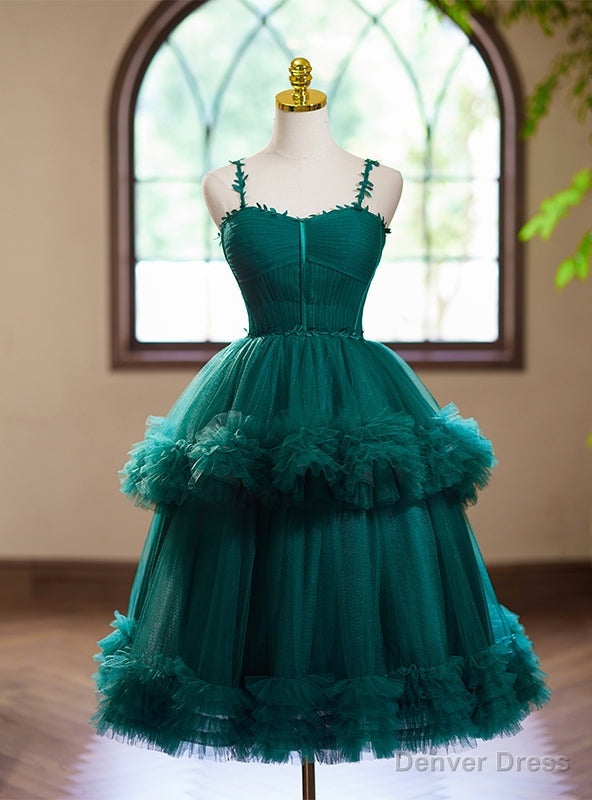 Green Tulle Spaghetti Straps Pleats Homecoming Dresses Main image