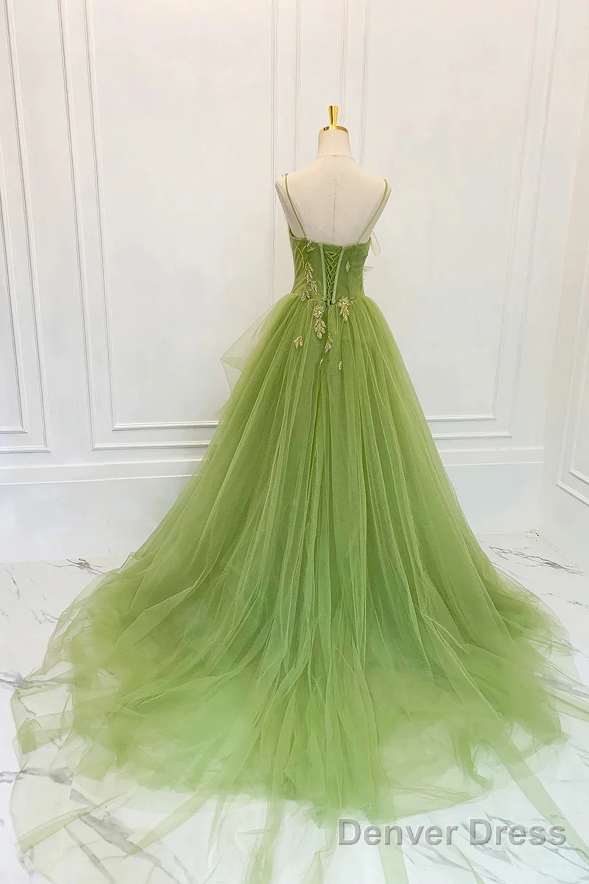 Green Tulle Straps Long Party Dress, Green Tulle Lace Prom Dress