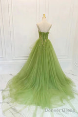 Green Tulle Straps Long Party Dress, Green Tulle Lace Prom Dress