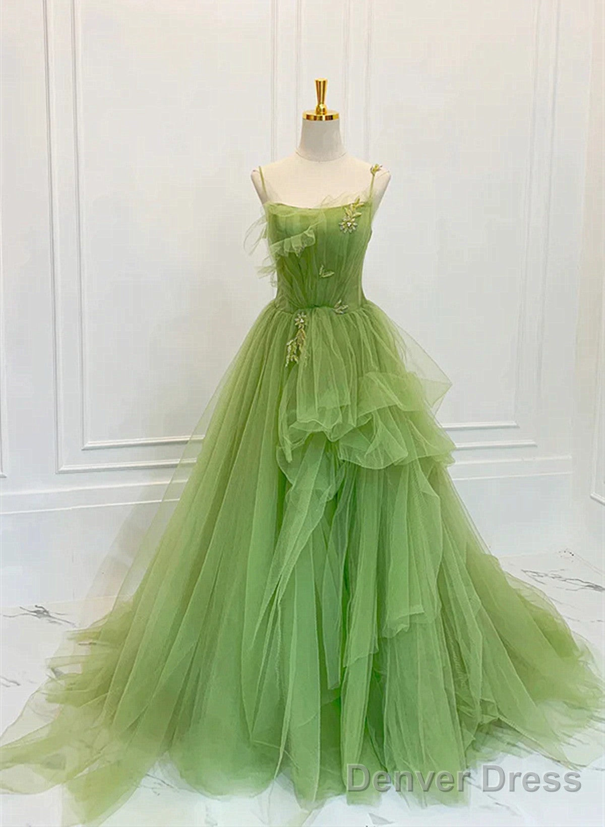 Green Tulle Straps Long Party Dress, Green Tulle Lace Prom Dress Main image