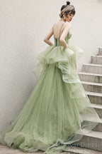 Green Tulle Sweetheart Long Formal Dress, Green Low Back Prom Dress
