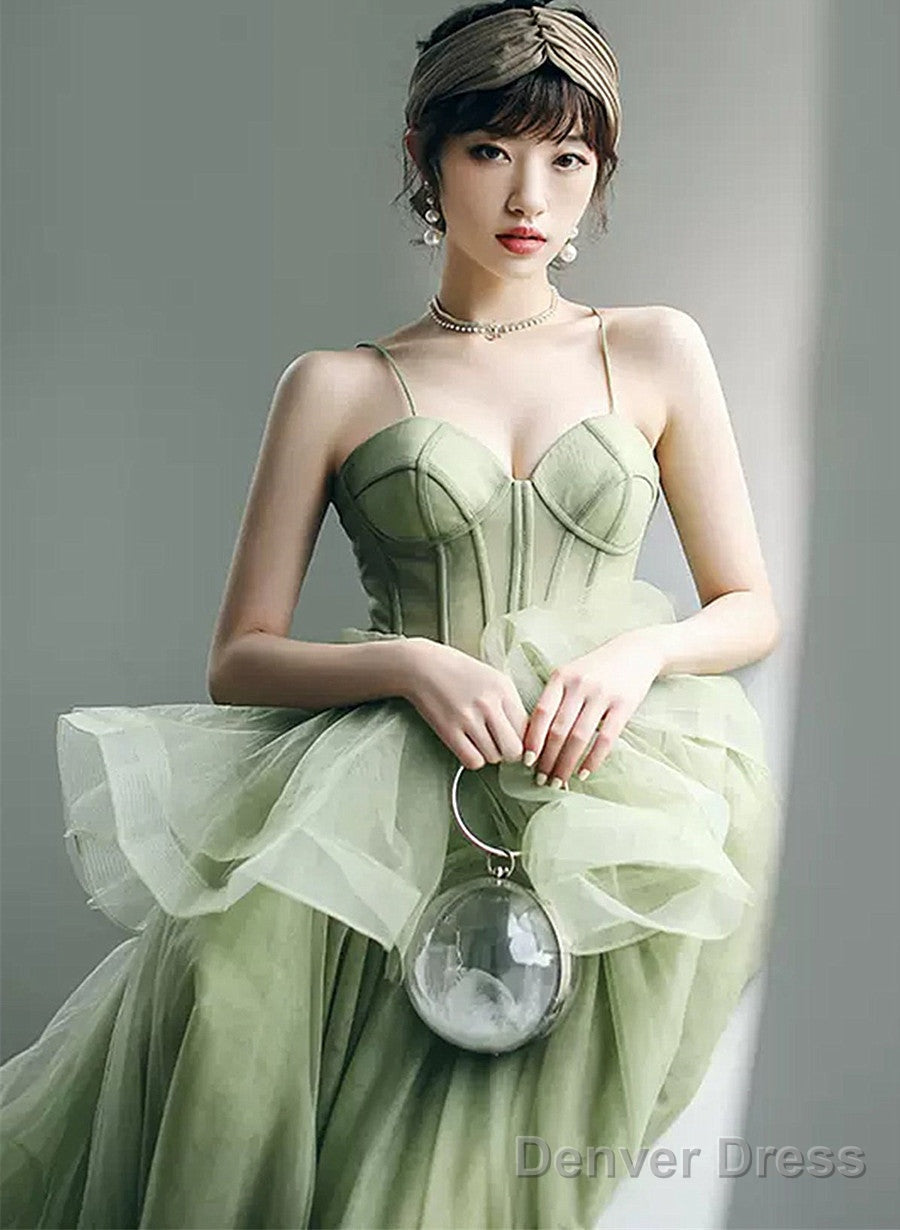Green Tulle Sweetheart Long Formal Dress, Green Low Back Prom Dress Main image