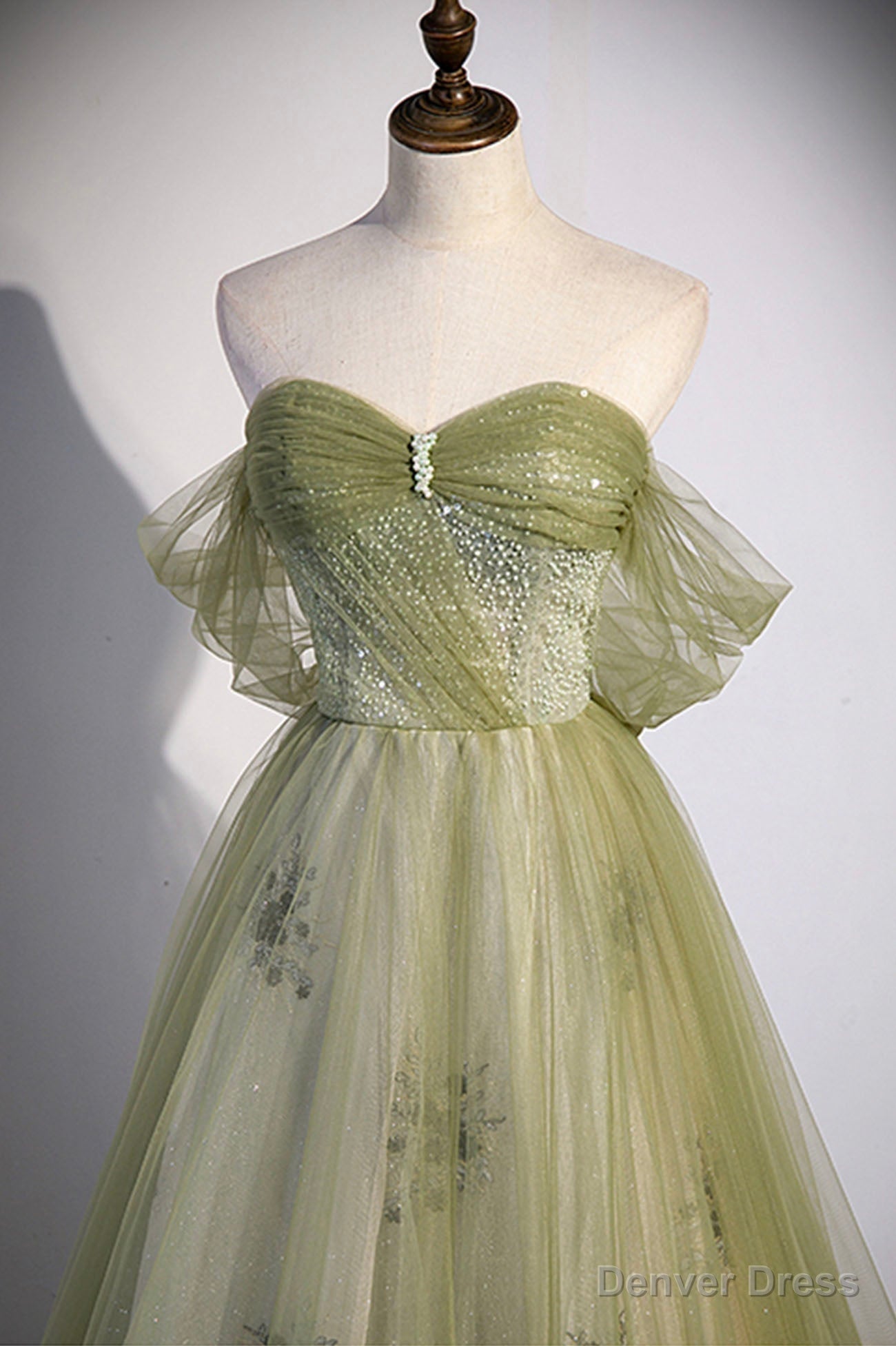 Green Tulle Sweetheart Neckline Long Prom Dress, Green Strapless Prom Dresses