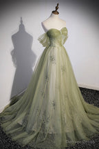 Green Tulle Sweetheart Neckline Long Prom Dress, Green Strapless Evening Dress