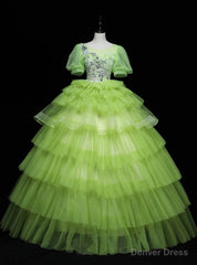 Green Tulle Tiers Puff Sleeve Appliques Quinceanera Dress