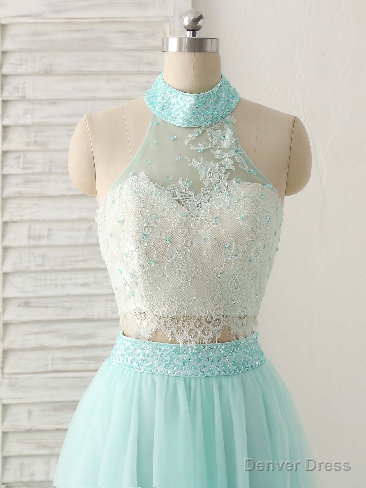 Green Tulle Two Pieces Long Prom Dress Lace Beads Formal Dress