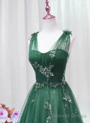 Green Tulle V Neck Beading Appliques Prom Dress