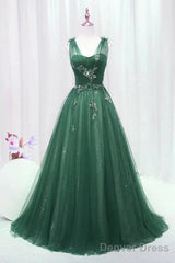 Green Tulle V Neck Beading Appliques Prom Dress