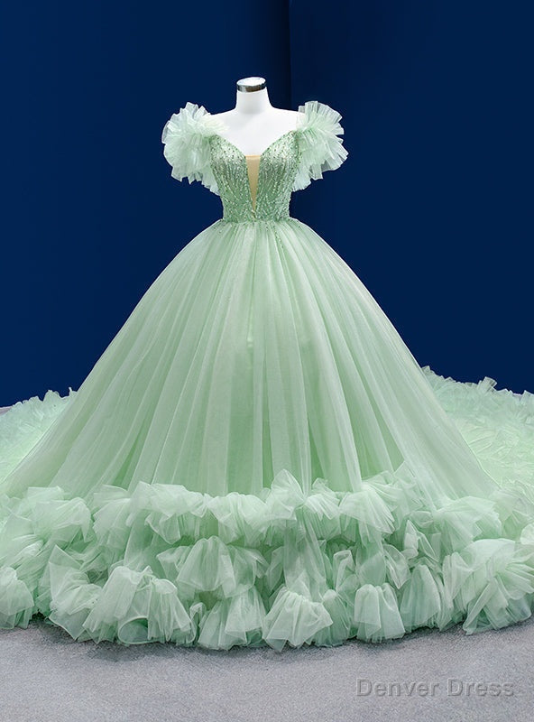 Green Tulle V-neck Beading Sequins Prom Dress With Train Main image