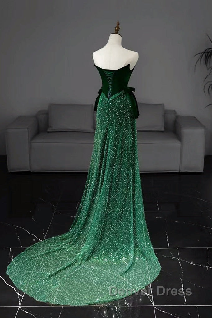 Green Tulle Velvet Long Prom Dresses, Green Long Formal Dresses