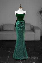 Green Tulle Velvet Long Prom Dresses, Green Long Formal Dresses