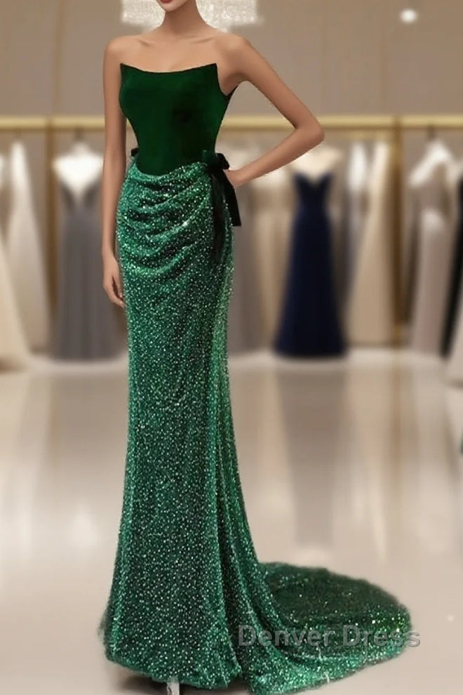 Green Tulle Velvet Long Prom Dresses, Green Long Formal Dresses