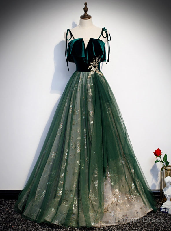 Green Tulle Velvet Spaghetti Straps Sequins Prom Dresses Main image