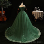 Green Tulle with Lace Applique Long Prom Dress, Green Sweet 16 Dresses
