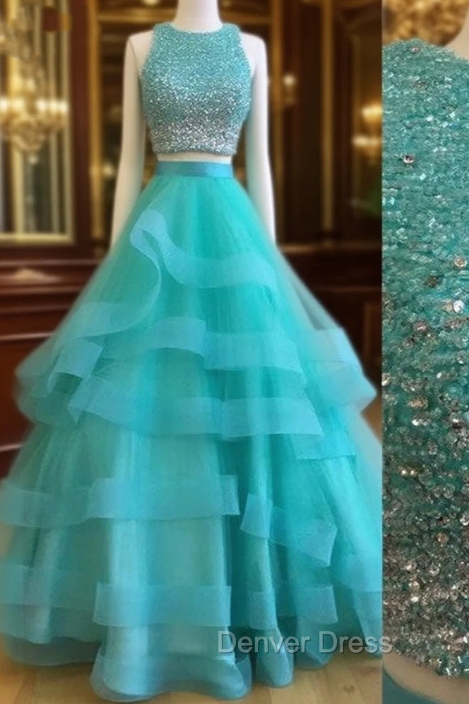 Green Two Pieces Sequin Long Prom Gown, Green Evening Dresses