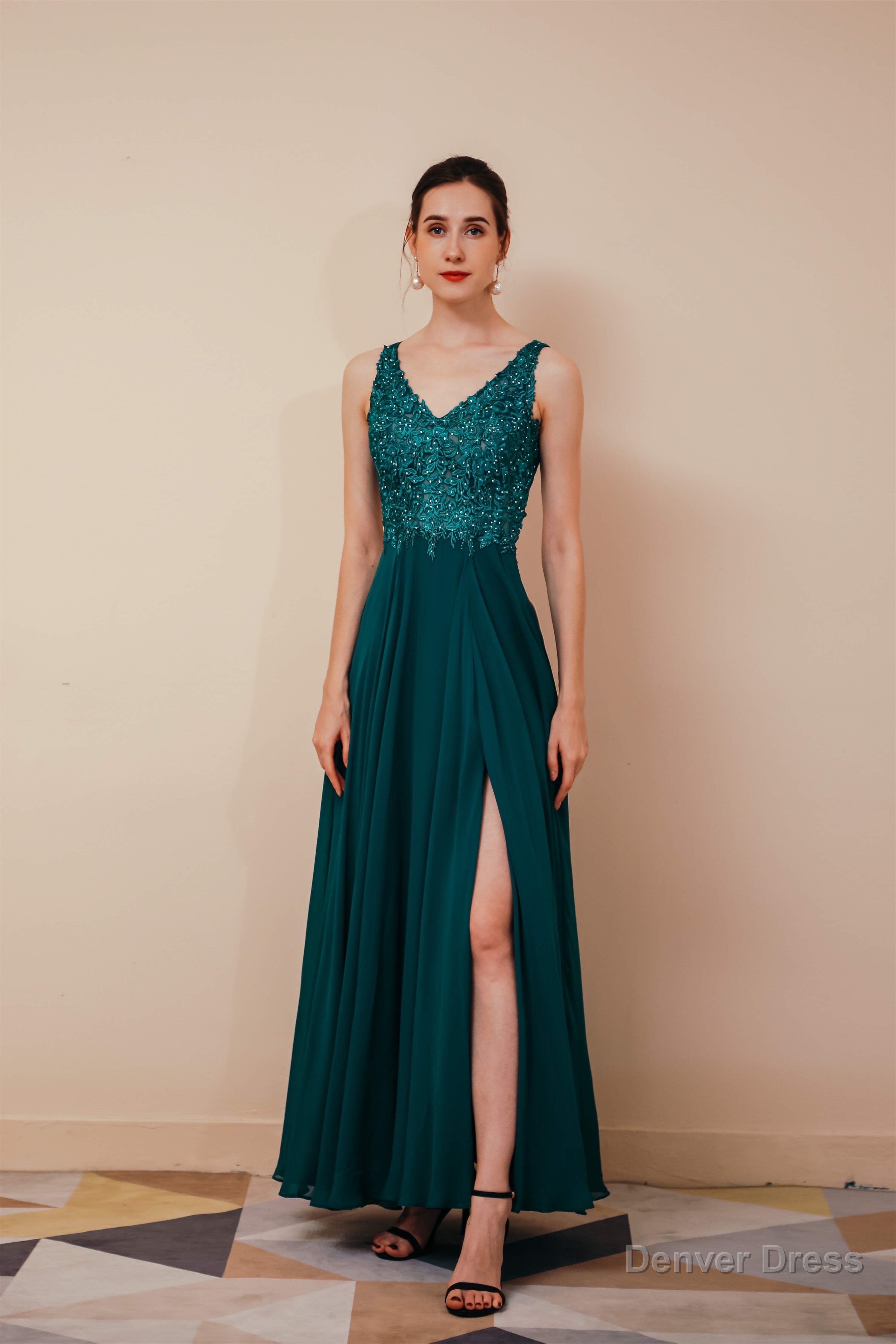 V Neck Chiffon Appliques A Line Long Prom Dresses Main image
