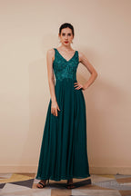 V Neck Chiffon Appliques A Line Long Prom Dresses